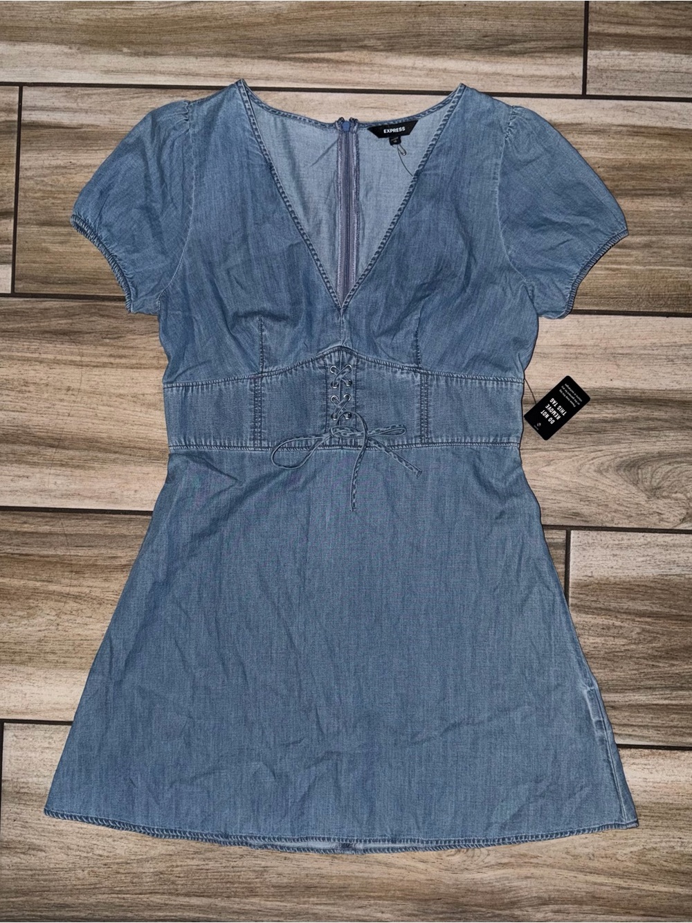 Express Light Blue Denim V-Neck Mini Dress with Lace-Up Waist